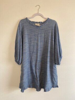 Umgee Blue Tunic Dress Size M Cotton Linen Blend Ruffled Hem 3/4 Sleeves Pockets